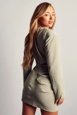 Linen Look Cut Out Shoulder Pad Dress -BOW Clothing Shop sage linen look cut out shoulder pad dress 2