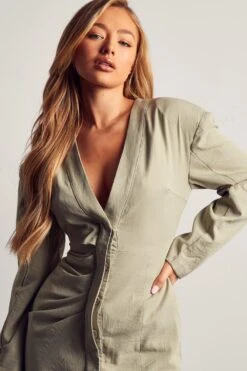 Linen Look Cut Out Shoulder Pad Dress -BOW Clothing Shop sage linen look cut out shoulder pad dress 4