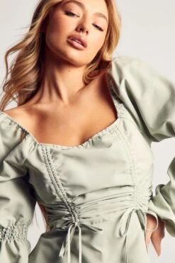 BOW Clothing Shop -BOW Clothing Shop sage poplin ruched front long sleeve dress 1