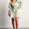 Poplin Ruched Front Long Sleeve Dress -BOW Clothing Shop sage poplin ruched front long sleeve dress