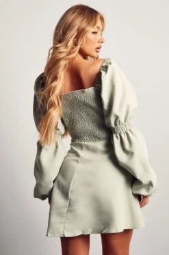 Poplin Ruched Front Long Sleeve Dress 9 Poplin Ruched Front Long Sleeve Dress -BOW Clothing Shop sage poplin ruched front long sleeve dress 2