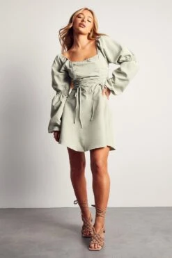 Poplin Ruched Front Long Sleeve Dress