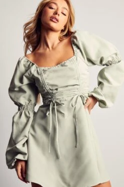 Poplin Ruched Front Long Sleeve Dress 11 Poplin Ruched Front Long Sleeve Dress -BOW Clothing Shop sage poplin ruched front long sleeve dress 4