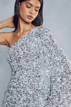 Premium Sequin Flare Sleeve Ruched Midi Dress -BOW Clothing Shop silver premium sequin flare sleeve ruched midi dress 5