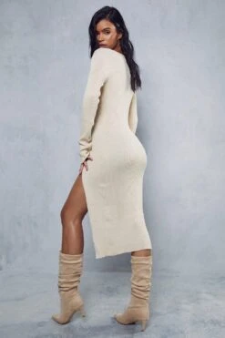 Cosy Knit Split Leg Midi Dress -BOW Clothing Shop stone cosy knit split leg midi dress 2