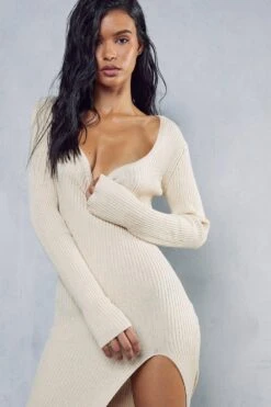 Cosy Knit Split Leg Midi Dress -BOW Clothing Shop stone cosy knit split leg midi dress 4