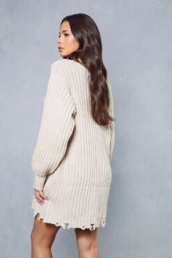 Distressed Rib Knit Jumper Dress -BOW Clothing Shop stone distressed rib knit jumper dress 2
