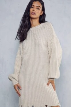 Distressed Rib Knit Jumper Dress -BOW Clothing Shop stone distressed rib knit jumper dress 5