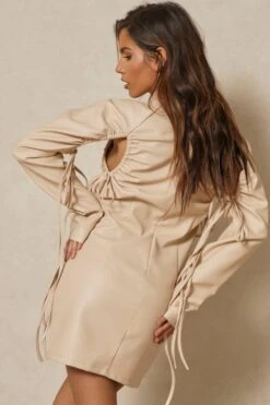 Gathered Arm Detail Leather Look Mini Dress -BOW Clothing Shop stone gathered arm detail leather look mini dress 2