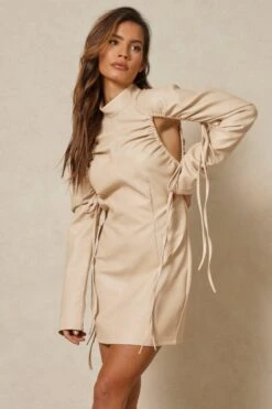 Gathered Arm Detail Leather Look Mini Dress