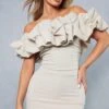 Linen Frill Off Shoulder Bodycon Mini Dress -BOW Clothing Shop stone linen frill off shoulder bodycon mini dress