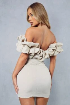 Linen Frill Off Shoulder Bodycon Mini Dress -BOW Clothing Shop stone linen frill off shoulder bodycon mini dress 2