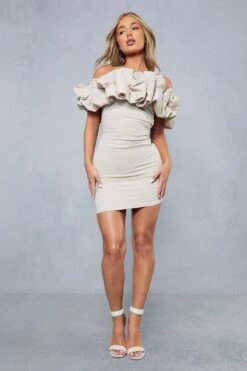 Linen Frill Off Shoulder Bodycon Mini Dress -BOW Clothing Shop stone linen frill off shoulder bodycon mini dress 3