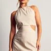 Linen Look Halterneck Strappy Back Mini Dress -BOW Clothing Shop stone linen look halterneck strappy back mini dress