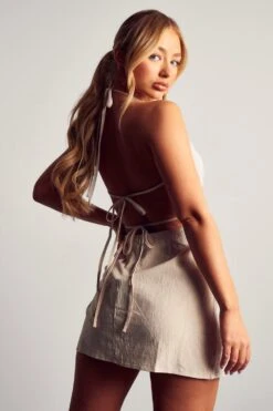 Linen Look Halterneck Strappy Back Mini Dress -BOW Clothing Shop stone linen look halterneck strappy back mini dress 2