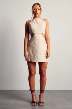 Linen Look Halterneck Strappy Back Mini Dress -BOW Clothing Shop stone linen look halterneck strappy back mini dress 3