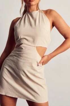 Linen Look Halterneck Strappy Back Mini Dress -BOW Clothing Shop stone linen look halterneck strappy back mini dress 4