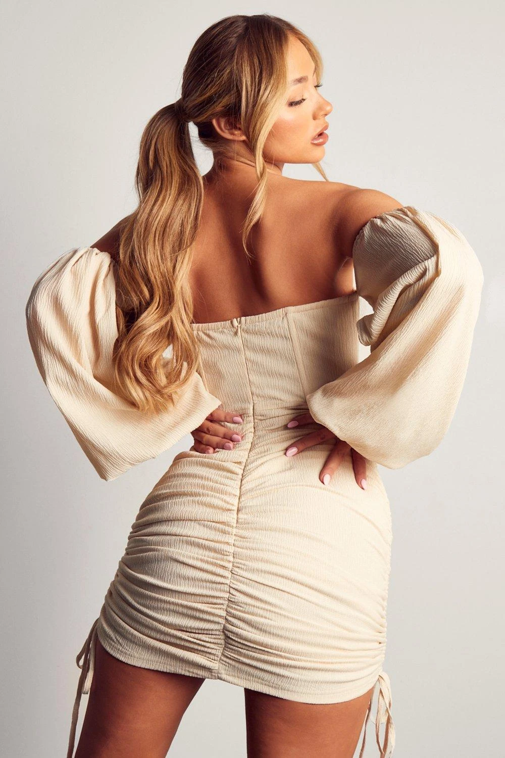 Linen Look Puff Sleeve Ruched Detail Mini Dress 5 Linen Look Puff Sleeve Ruched Detail Mini Dress - Image 3