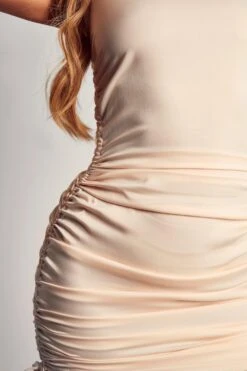 Satin Racer Neck Ruched Mini Dress -BOW Clothing Shop stone satin racer neck ruched mini dress 3