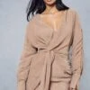 Textured Crinkle Twist Front Plunge Shirt Dress -BOW Clothing Shop stone textured crinkle twist front plunge shirt dress