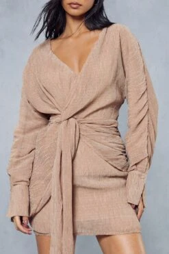 Textured Crinkle Twist Front Plunge Shirt Dress -BOW Clothing Shop stone textured crinkle twist front plunge shirt dress 3