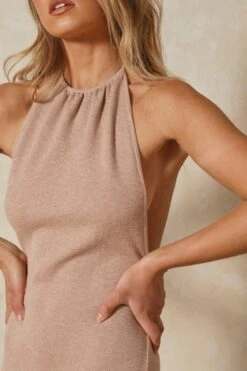 Knit Halter Neck Maxi Dress -BOW Clothing Shop taupe knit halter neck maxi dress 1