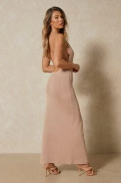 Knit Halter Neck Maxi Dress -BOW Clothing Shop taupe knit halter neck maxi dress 4