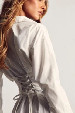 Lace Up Back Skater Shirt Dress -BOW Clothing Shop white lace up back skater shirt dress 2