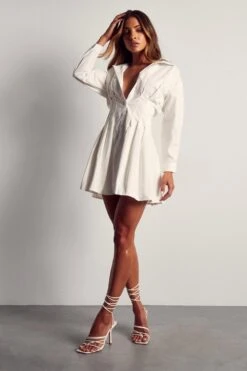 Lace Up Back Skater Shirt Dress -BOW Clothing Shop white lace up back skater shirt dress 3