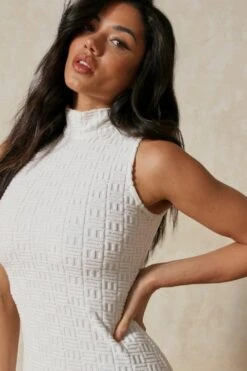 Monogram Embossed High Neck Mini Dress -BOW Clothing Shop white monogram embossed high neck mini dress 4