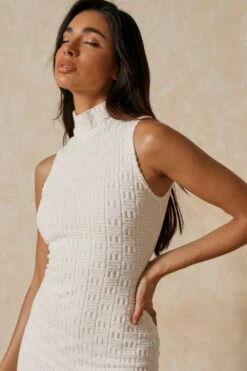 Monogram Embossed High Neck Mini Dress -BOW Clothing Shop white monogram embossed high neck mini dress 5