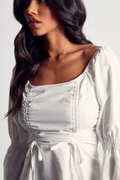 Poplin Ruched Front Long Sleeve Dress -BOW Clothing Shop white poplin ruched front long sleeve dress 1