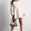 Poplin Ruched Front Long Sleeve Dress -BOW Clothing Shop white poplin ruched front long sleeve dress