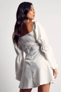 Poplin Ruched Front Long Sleeve Dress -BOW Clothing Shop white poplin ruched front long sleeve dress 2