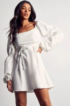 Poplin Ruched Front Long Sleeve Dress -BOW Clothing Shop white poplin ruched front long sleeve dress 4