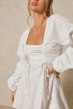 Poplin Ruched Front Long Sleeve Dress -BOW Clothing Shop white poplin ruched front long sleeve dress 5