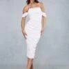 Premium Mesh Corseted Off The Shoulder Ruched Midaxi Dress -BOW Clothing Shop white premium mesh corseted off the shoulder ruched midaxi dress