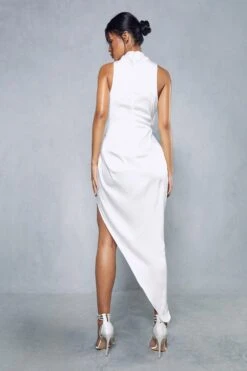 Premium Satin Grown On Neck Draped Midi Dress -BOW Clothing Shop white premium satin grown on neck draped midi dress 2
