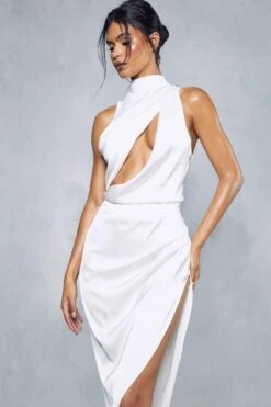 Premium Satin Grown On Neck Draped Midi Dress -BOW Clothing Shop white premium satin grown on neck draped midi dress 4