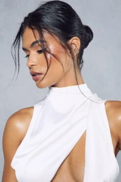 Premium Satin Grown On Neck Draped Midi Dress -BOW Clothing Shop white premium satin grown on neck draped midi dress 5