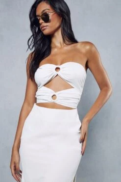 Textured Linen Ring Detail Midi Dress -BOW Clothing Shop white textured linen ring detail midi dress 1