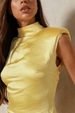 Satin Shoulder Pad Backless Dress -BOW Clothing Shop yellow satin shoulder pad backless dress 3